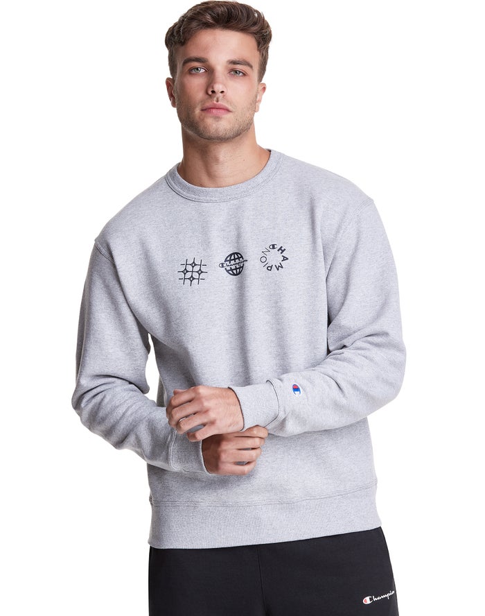 Champion Herre Sweatshirt Grå - Powerblend Fleece Crew Multi-Logos - Danmark XPW-830127